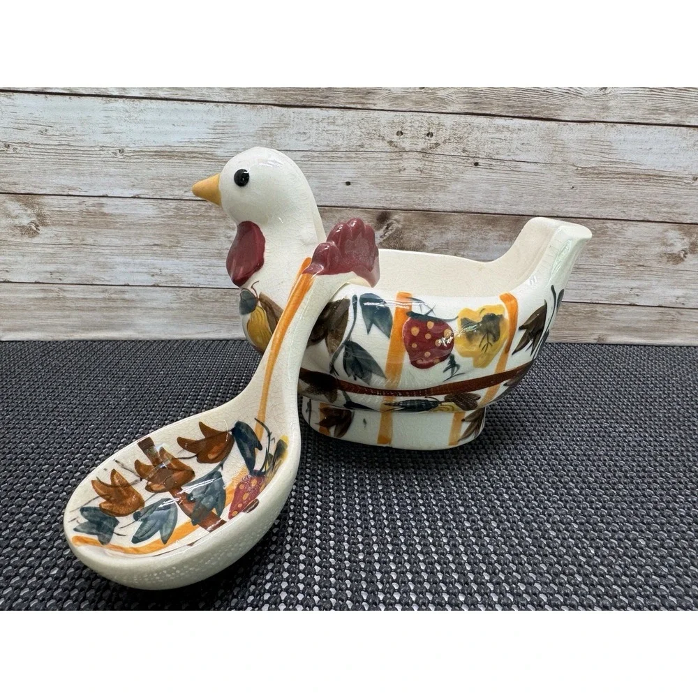 Nasco 1950s Hand Painted Ceramic Rooster Chicken Gravy Boat Ladle Vintage Japan